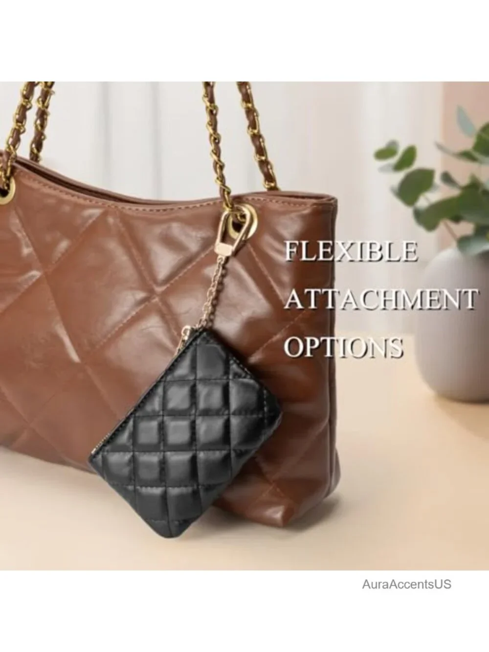 Quilted PU Leather Coin Purse with Keychain - Small Change Pouch & Card Holder